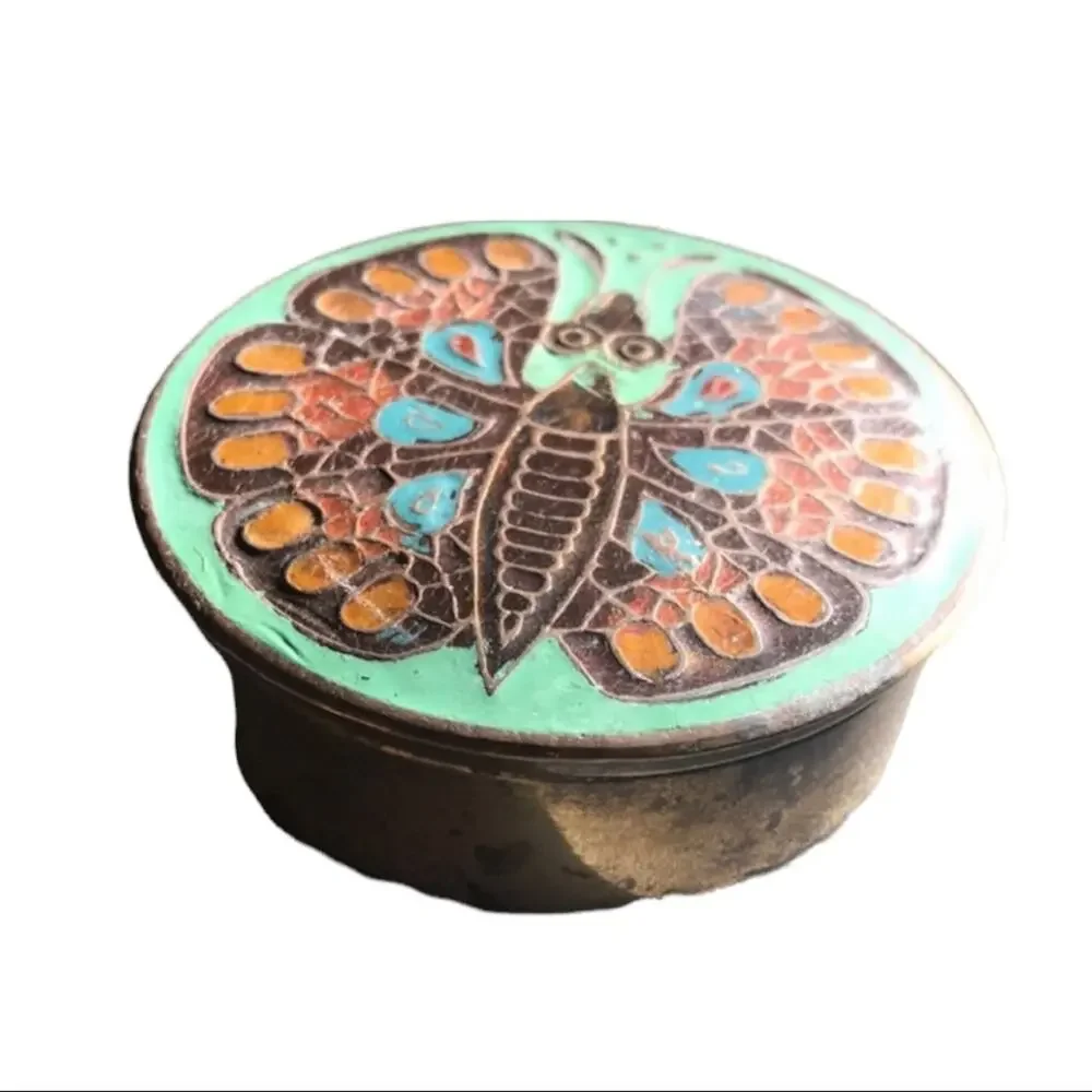 Vintage Brass Ring Box with Moth or Butterfly in Orange and Mint Green Enamel